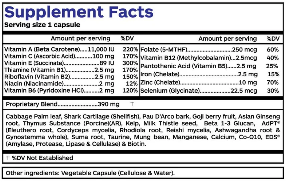 Immu Cell Supplement Facts panel